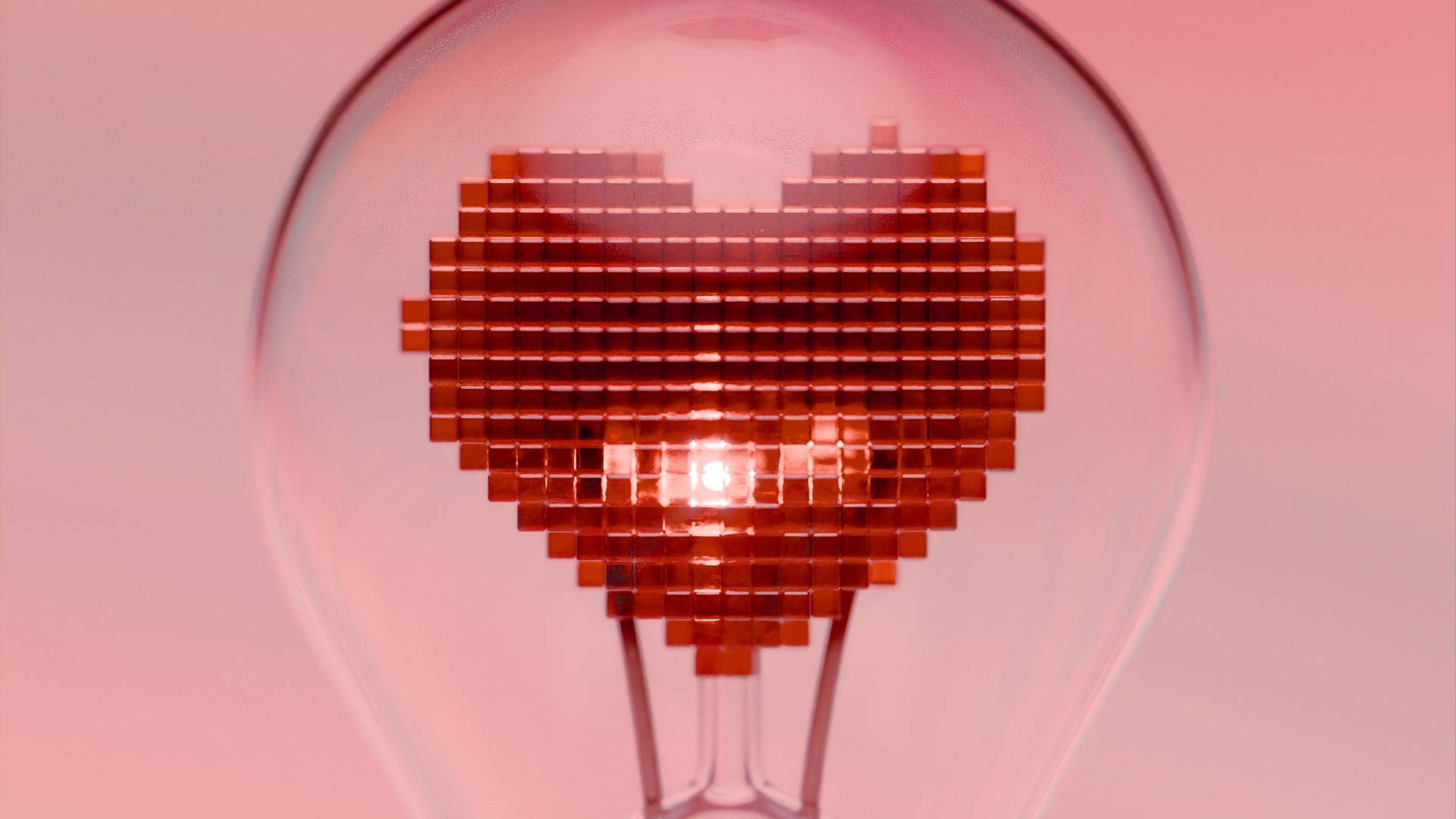 Light bulb with pixelated heart shaped filament under radial striped background