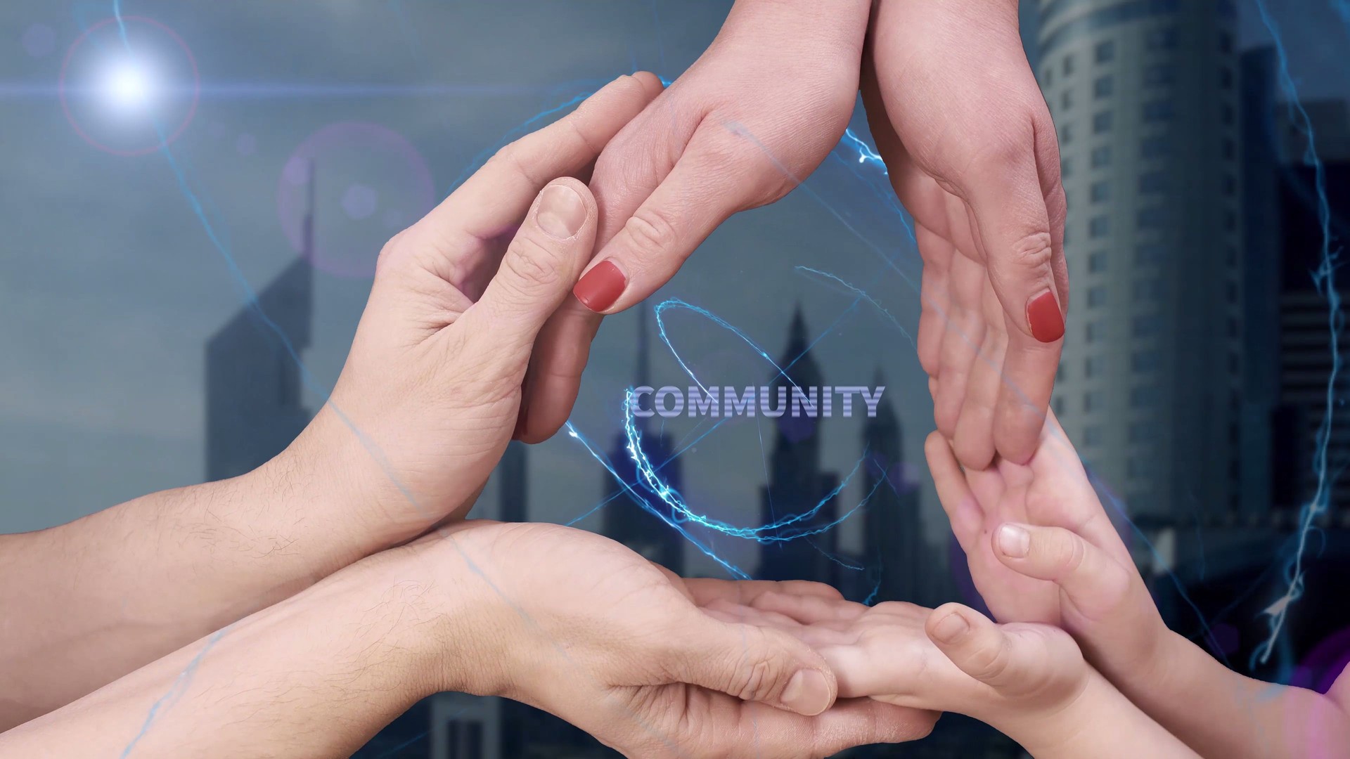 Men's, women's and children's hands show a hologram Community